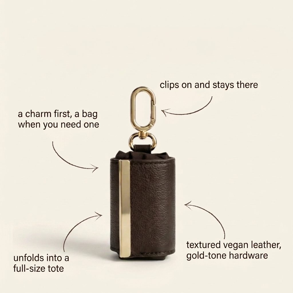 a charm first, a bag when you need one. clips on and stays there. textured vegan leather, gold-tone hardware. unfolds into a full-size tote.